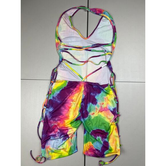 Women's XL Rainbow Tie Dye Sexy Halter Backless Deep V Neck Bodycon Rompers - Picture 9 of 10